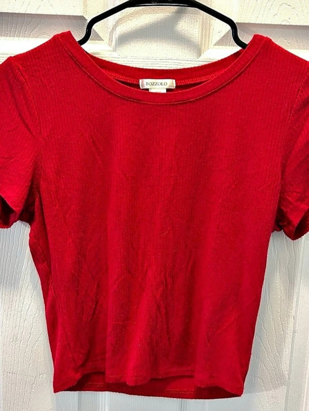 BOZZOLO Ribbed Short Sleeve Crew Neck Crop Top Red Large